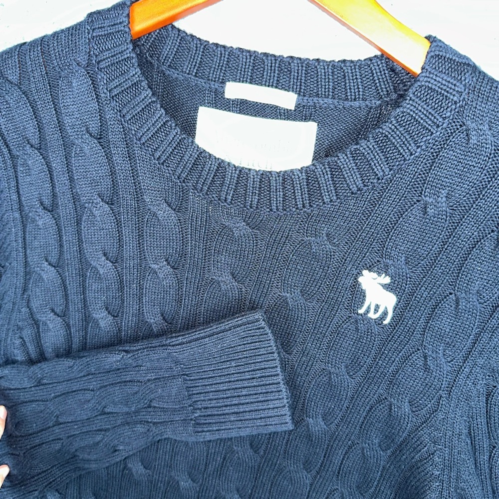 Abercrombie & Fitch Sweater Mens XXL Navy Blue Muscle Cable Knit Cotton Cashmere